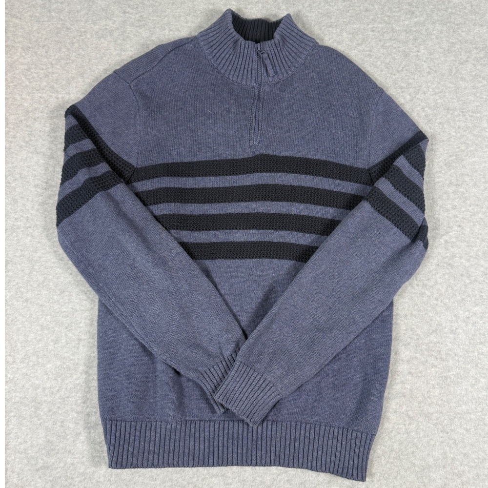 Tahari Sweater Blue Quarter Zip Striped Mock Neck Knit Pullover Mens Large L